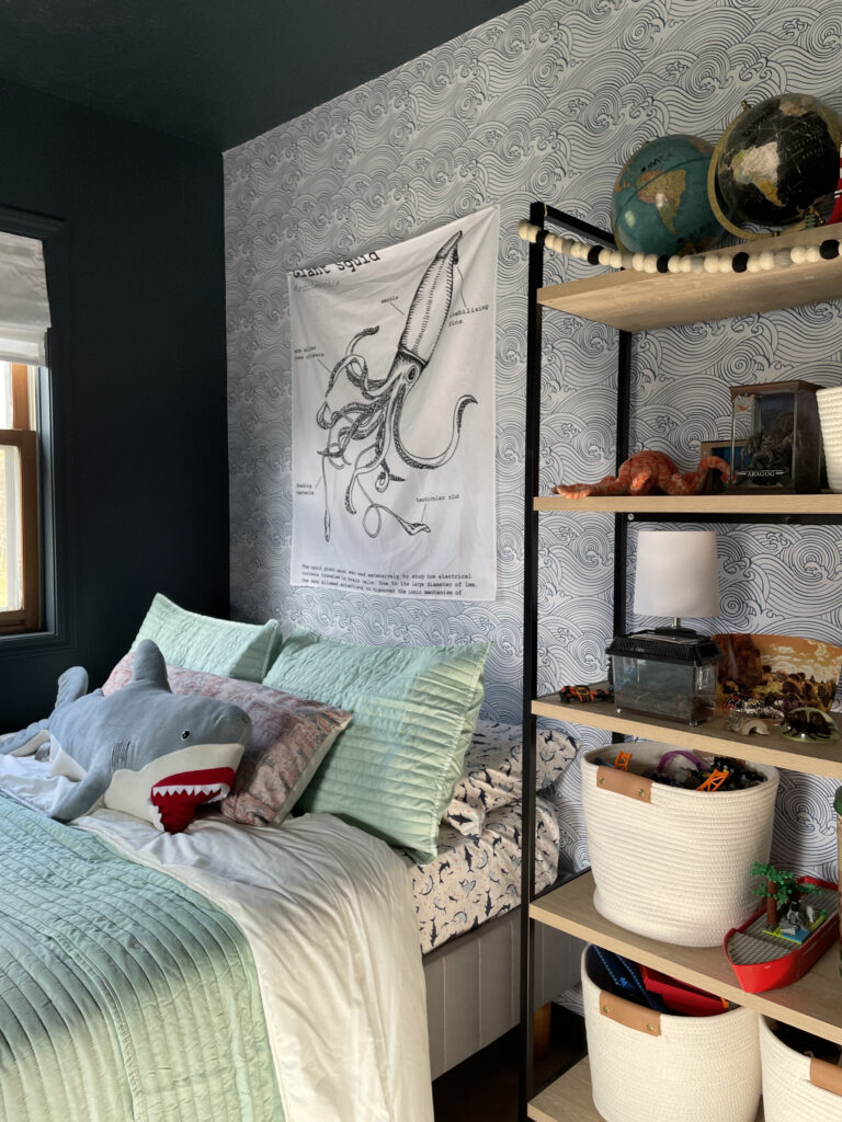 waves wallpaper in boys ocean themed bedroom