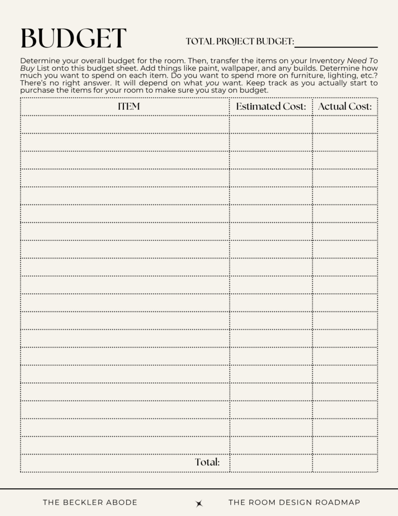 Budget spreadsheet for room design